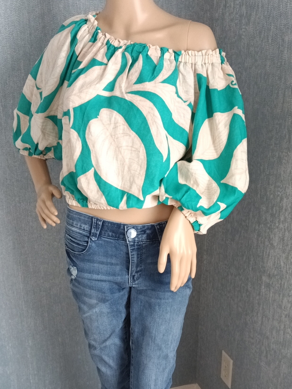 Rachel Zoe Teal and Cream Off-Shoulder Puff Sleeve Crop Top